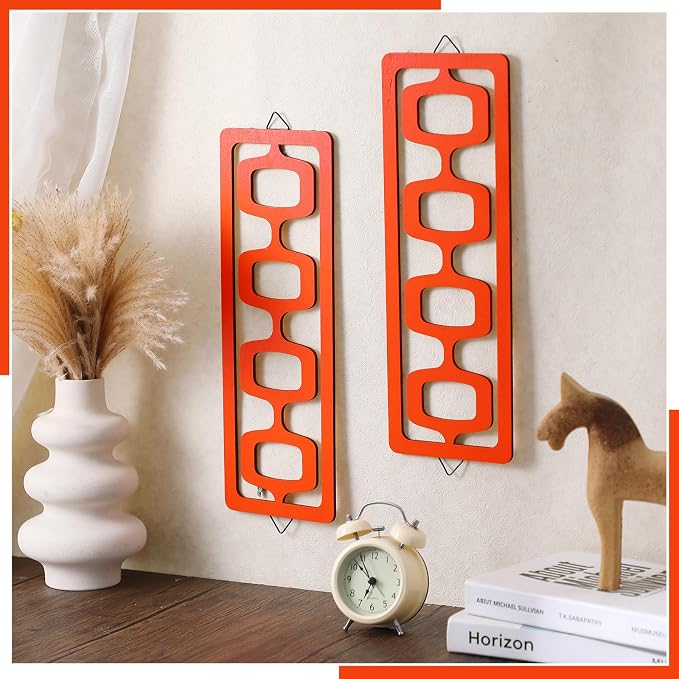 CroBlissful 2 Pcs Mid Century Modern Wall Art Wood Mid Century Elegance Decor Accents Abstract Wall Sculpture Geometric Panels for Interior Panel Art for Home Living Room(Orange) - Image 3