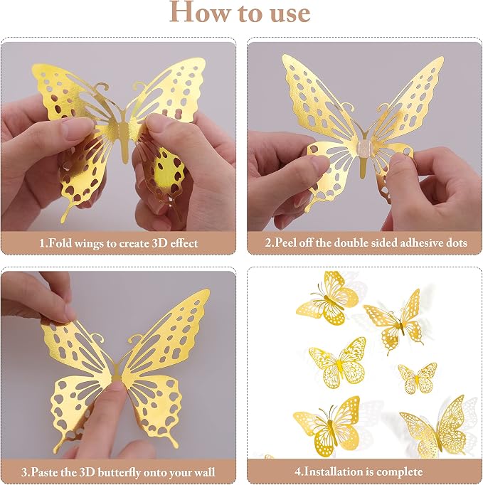 SAOROPEB 3D Butterfly Wall Decor 48 Pcs Gold Butterfly Birthday Decorations | 4 Styles 3 Sizes, for Butterfly Birthday Decorations Butterfly Party Decorations Cake Decorations, Removable Stickers - Image 6