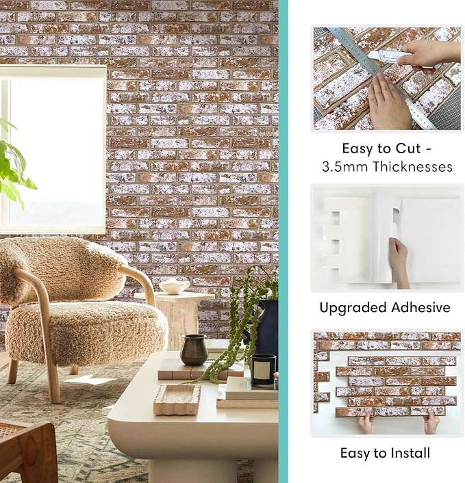 Commomy Faux Brick 3D Wall Panels - Not Real Brick 12 pcs of 22.8" x 11.8" | 22.8" x 11.8" Peel and Stick Tile Whitewash Brick Textured for Kitchen,Bedroom,Living Room（Covers 22.48 sq.ft） - Image 5
