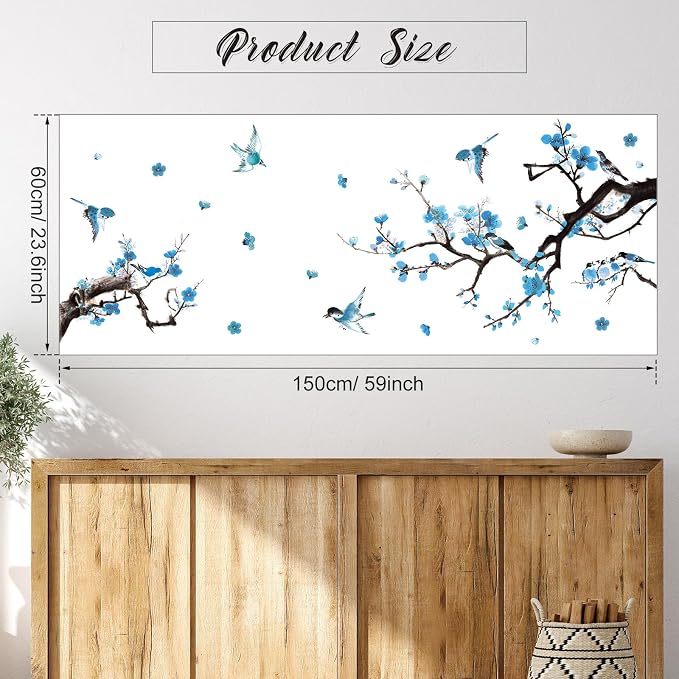 Zonon 6 Pcs Flower Wall Decals Peel and Stick Sticker, Birds | Vinyl Removable Wall Stickers & Mural, Branch and Bird Wall Decals, Blue Chinoiserie Floral Decor for Bedroom, Living Room - Image 6