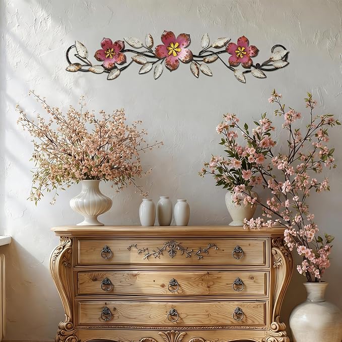 Wesiti Metal Flower Wall Decor Wrought Iron Scroll 15.7x3.7,Pink | Vintage Metal Flower decor,Farmhouse Leaf Art with Nails, Flat Not 3D Design, For Bedroom Kitchen Indoor Outdoor Wall Decor - Image 4