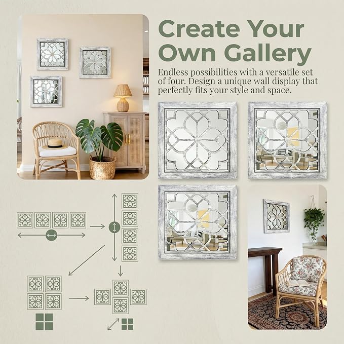 Set of 2 14 Inch Square Grey Window Pane Wall Mirrors, Shatterproof Rustic Farmhouse Boho Vintage Accent Mirrors for Living Room Bedroom Bathroom Entryway - Image 4