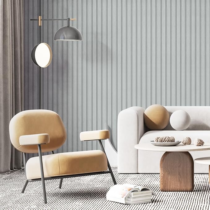 Yun-aeon Wood Slat Peel and Stick Wallpaper 17.3"x 300" Light Grey Wood Grating Stripe Contact Paper Removable Faux Wood Panels Wallpaper Self Adhesive Waterproof Vinyl Wall Paper for Bedroom Kitchen - Image 3