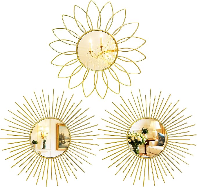 3 Pack Metal Mirrors for Wall Sunburst Wall Mirrors Home Décor Decorative Hanging Wall Art for Living Room Bedroom Entryway (Gold2, Flower+Sunburst) by Uaussi