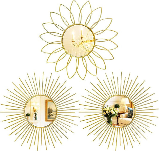 3 Pack Metal Mirrors for Wall Sunburst Wall Mirrors Home Décor Decorative Hanging Wall Art for Living Room Bedroom Entryway (Gold2, Flower+Sunburst) by Uaussi