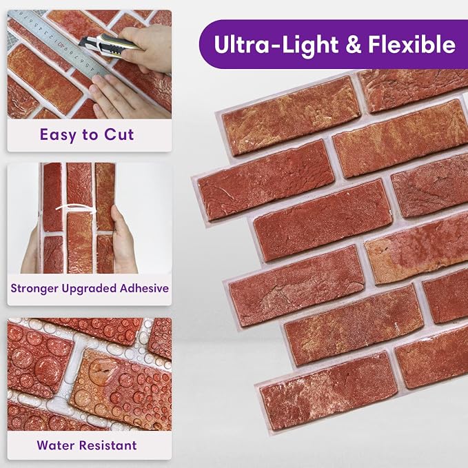 3D Peel and Stick Faux Brick Wall Panels 11.8" x 11.8" 10-Pack | Red, Small Brick-Look Textured Sticker, Thin Lightweight PVC Self Adhesive Wall Tiles for Interior Decor, Cover 9.7 sq ft - Image 5