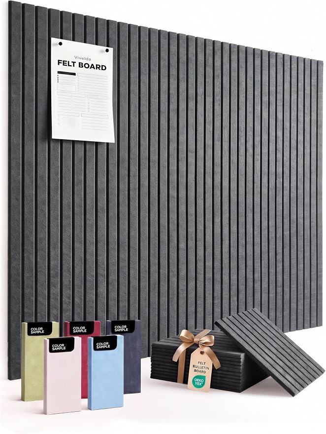 VIVELDA Large Felt Bulletin Board 48 x 36 Inch - 12-Pack Square Acoustic Wall Panels, Cork Board Alternative, NRC 0.95, Damage-Free Adhesive, Slatted Design for Home, Classroom (Moonstone) by VIVELDA%C2%AE