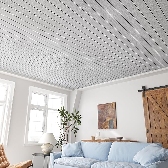 VEELIKE Light Grey Wood Slat Wall Panel Peel and Stick Wood Wall Panels for Interior Walls Decor Ceiling TV Backdrops 17''x118'' Self Adhesive 3D Foam Slat Wallpaper Paneling for Bedroom Headboards - Image 5