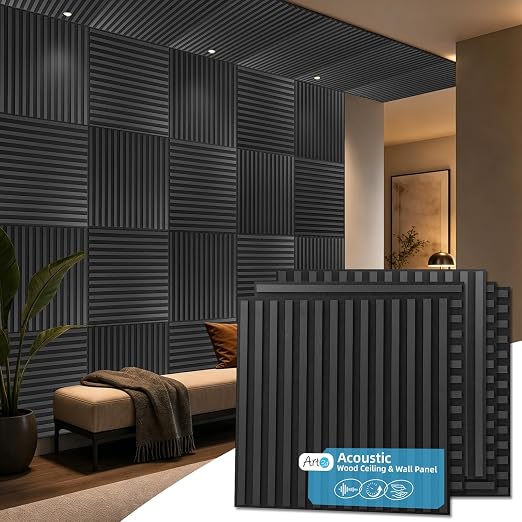 Art3d 6-Pack Acoustic Wood Slat Panel & Ceiling Tile, 2 x 2 ft, Blackwood | Crack-Resistant, Scratch-Resistant, Eco-Friendly, Durable, Grid Compatible, Ideal for Living Room, Bedroom & Home DIY Upgrade by Art3d