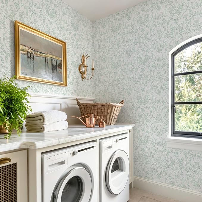 Ismoon Peel and Stick Wallpaper Green Contact Paper 17.3in x 6.56ft Vintage Floral Wallpaper Boho Damask Removable Textured Wall Paper for Bedroom Bathroom Shelf Cabinet Décor - Image 6