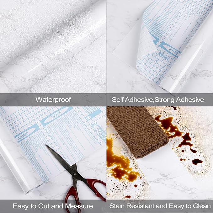 Marble Contact Paper White Peel and Stick Wallpaper for Kitchen Countertop | 15.7" x 472.4" Gray Granite Self Adhesive Removable Vinyl Roll Wall Paper for Kitchen Backsplash Cabinets and Drawer - Image 4