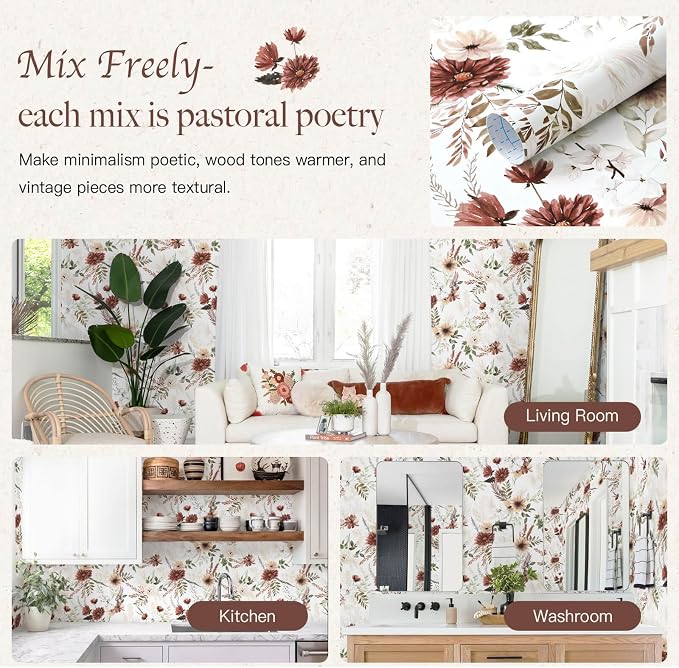 Dimoon 17.3''x197'' Floral Peel and Stick Wallpaper Vintage Beige Antique Contact Paper Bathroom Village Country Cottage Wallpaper Farmhouse Renter Friendly Geometry Waterproof Kitchen Bedroom Vinyl - Image 4