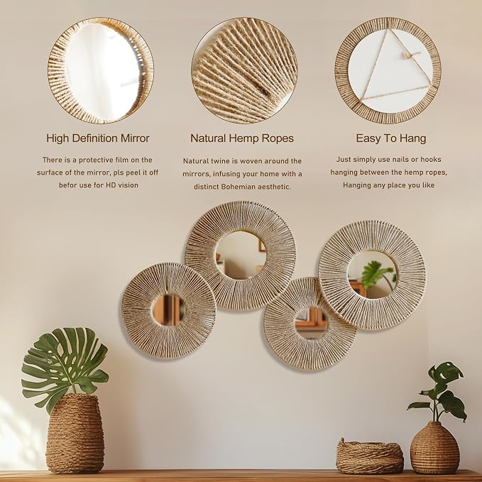 Artilady Hanging Baskets Wall Art with Mirror, 4Pcs Boho Coastal Wall Decor - Image 5