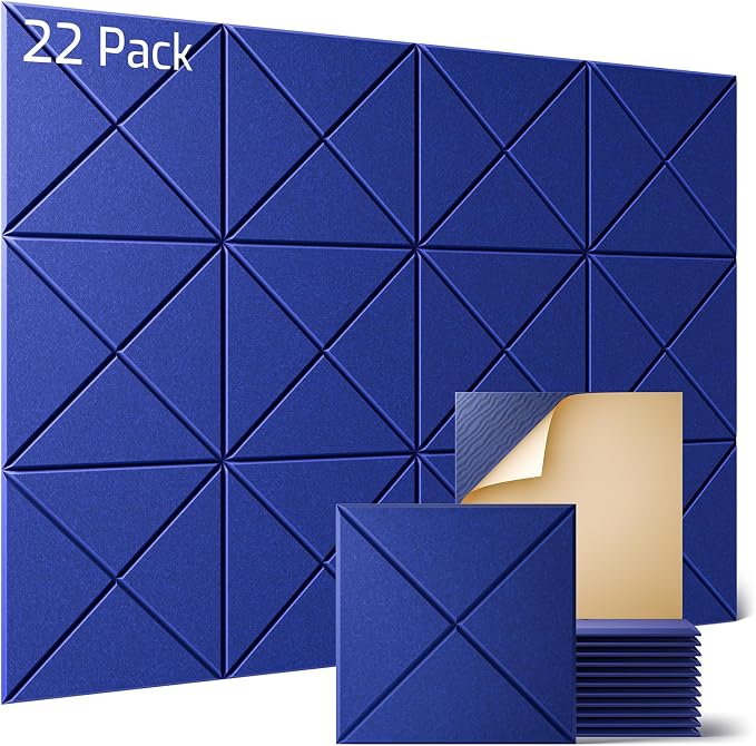 Sonicism 22 Pack X-Lined Acoustic Panels with Self-Adhesive, 12"X 12"X 0.4" Sound Proof Foam Panels, Decorative Soundproof Wall Panels, Sound Absorbing Tile for Home & Offices, Blue by Sonicism