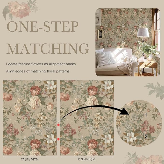 Peel and Stick Wallpaper for Bedroom Vintage Red Floral Self-Adhesive | 78.7"×17.3" Peony French Country Wallpaper Vintage Accent Wall Decor with Grid Lines for Nursery Bathroom Vinyl Waterproof - Image 5