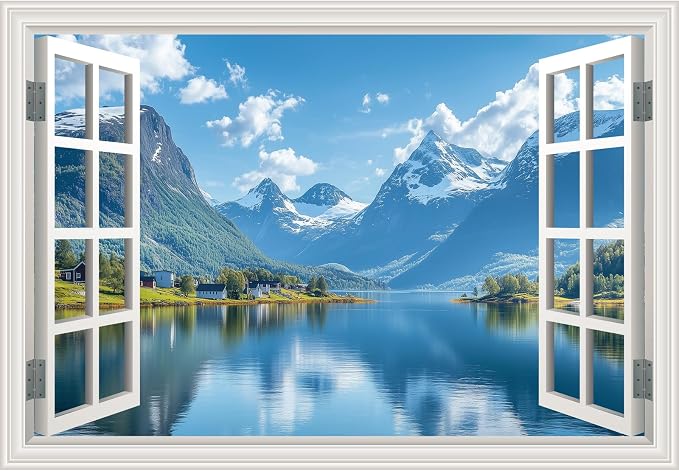 Fake Window Poster Wall Mural Sticker Mountain Lake Forest Prints Faux Window Wall Art Picture Decals Decor, Stick and Peel Landscape Natural Scenery 48" x 32" Set of 2 Sheets by Unknown