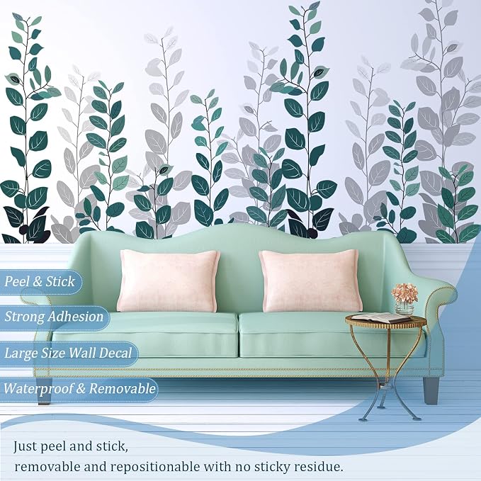 Green Hanging String of Eucalyptus Wall Decals Peel and Stick, Large Plants Leaf Vinyl Wall Stickers, Removable Vine Home Decor Art for Bedroom Living Room Classroom Office - Image 3