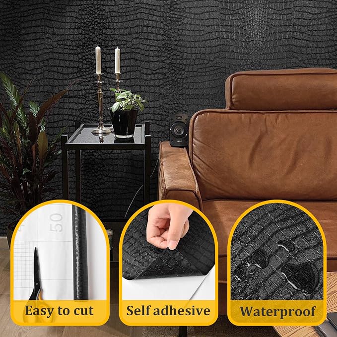 Fititem Black Peel and Stick Wallpaper Crocodile Texture Modern 1180”×17.3” | Black Wallpaper for Bedroom Bathroom Waterproof Removable Self Adhesive Wallpaper 3D Embossed Faux Leather Contact Paper Dark - Image 2