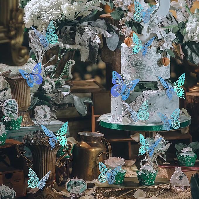 SAOROPEB 3D Butterfly Wall Decor 48 Pcs Laser Blue Butterfly Decorations | 4 Styles 3 Sizes, Butterfly Birthday Decorations Butterfly Party Decorations Cake Decorations, Removable Stickers - Image 3