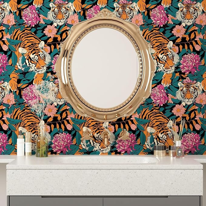 BOKEBEVE Tiger Floral Wallpaper Peel and Stick Vintage Orange 17.5 x 787In | Super Long Removable Renter Friendly Jungle Tiger Wall Paper for Bedroom Bathroom Living Room Feature Accent Wall - Image 3