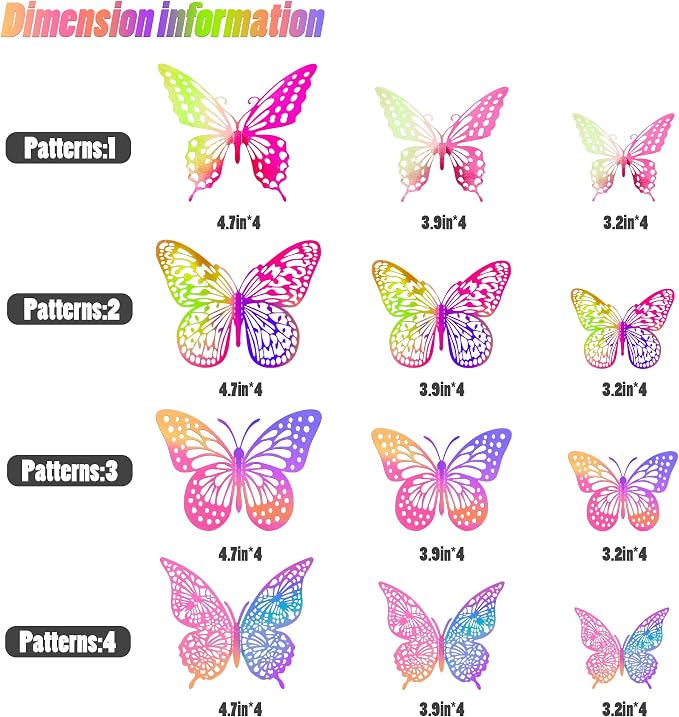 SAOROPEB 3D Butterfly Wall Decor 48 Pcs Laser Purple Butterfly Decorations | 4 Styles 3 Sizes, Birthday Decorations Butterfly Party Decorations Cake Decorations, Removable Stickers - Image 6