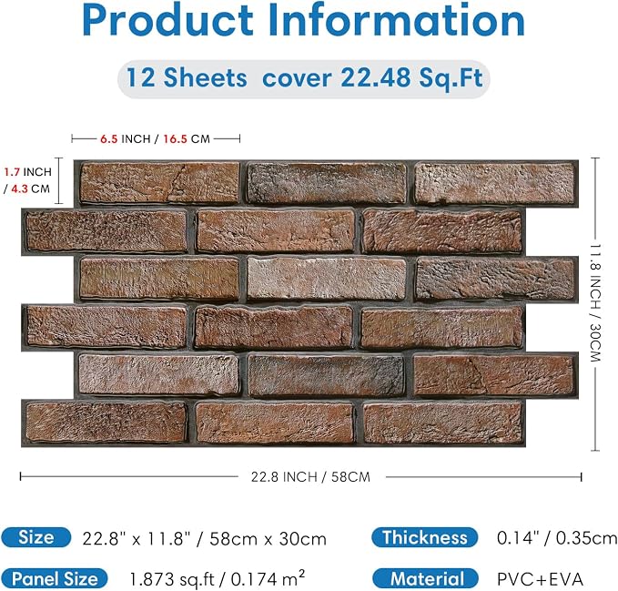 COMSTICKC 3D Brown Faux Brick Wall Panel Peel and Stick Wall Covering | 12 Pcs of 22.8" x 11.8", Not Real Brick, UrltraLight PVC Self Adhesive Brick Decorative Tile Interior, Covers 22.48 sq.ft - Image 5