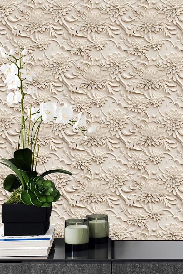 Peel and Stick Wallpaper Light Brown Scroll Floral Feature by WEISENI