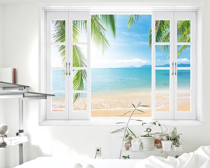 FLFK Fake Window Wall Mural - Tropical Ocean View Peel and Stick Decal, 80 x 60 inches, Set of 5 Sheets - Image 4