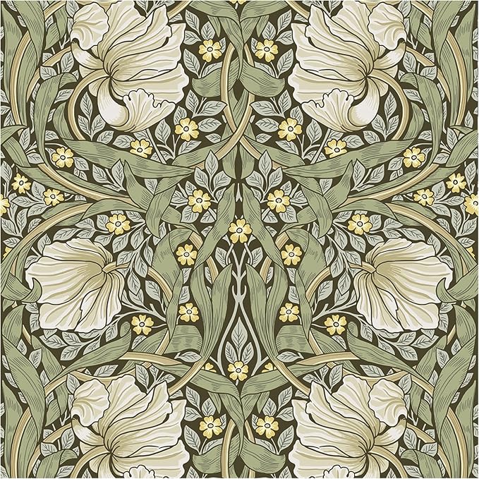 HAOKHOME William Morris Wallpaper Vintage Wall Paper Sage Green Removable | Textured Renter Friendly Stick On Wall Paper Yellow Retro Floral Mural Bathroom Bedroom Nursery Contact Paper 17.3in x 9.8ft by HAOKHOME