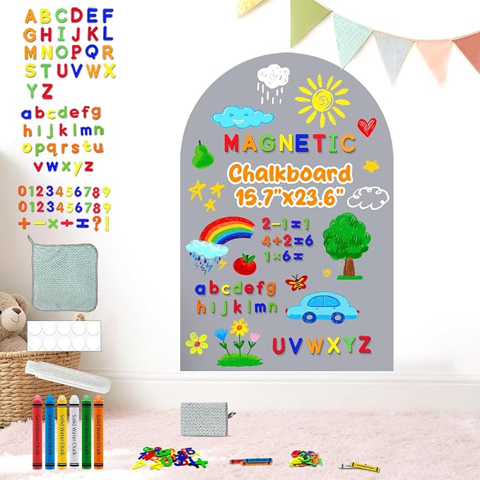 Arch Magnetic Wall Decal Magnet Board for Kids Playwall Peel and Stick Grey | Peel and stick, self adhesive, for toddler bedroom playroom homeschool decor, vinyl drawing learning, 79 magnet alphabet ABC by HATARU