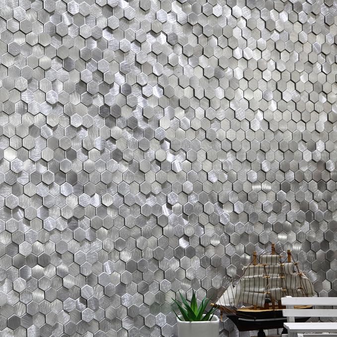 KASARO Peel and Stick Backsplash Tiles, 12" x 12" 3D Silver Hexagon Metal Mosaic Wall Panel, Self-Adhesive Waterproof Kitchen Backsplash for Bathroom, Fireplace, Living Room Decor, 8 Pack - Image 3