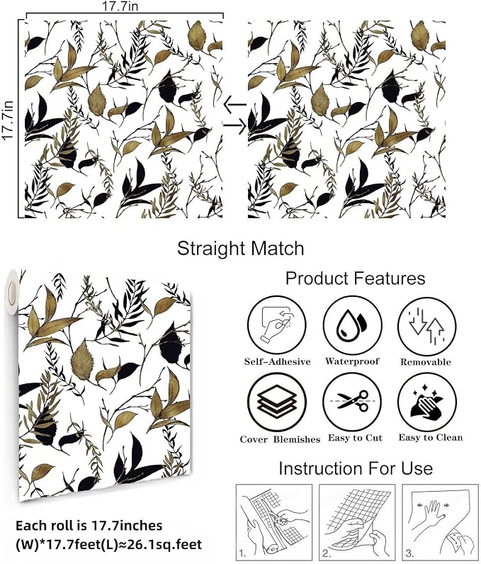 Black and Brown Leaf Peel and Stick Wallpaper 17.7in x 213in | Self-adhesive vintage removable thick waterproof wall covering for bathroom and accent walls - Image 3