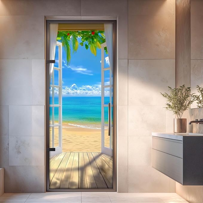 HOMETITUTE Beach Ocean Wave Pier Palm Peel Stick Door 30.3x78.7 Vinyl | Wall Cover Poster Decals Removable Wallpaper Self Adhesive Bedroom Livingroom Office - Beach Scene - Image 4