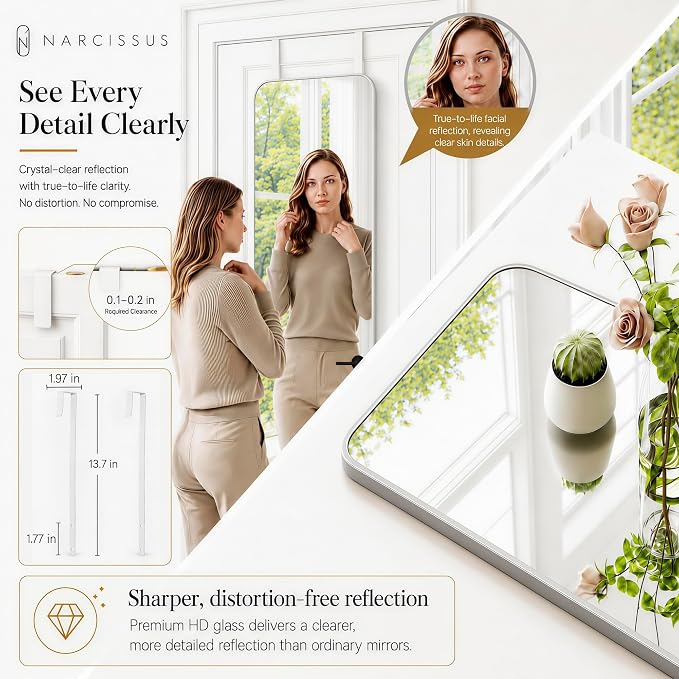 NARCISSUS Full Length Mirror 57x16 Inch, Over The Door Mirror with Stand, Wall Mounted or Freestanding/Door Hanging Full Body, Aluminum Alloy Frame, Silver - Image 8