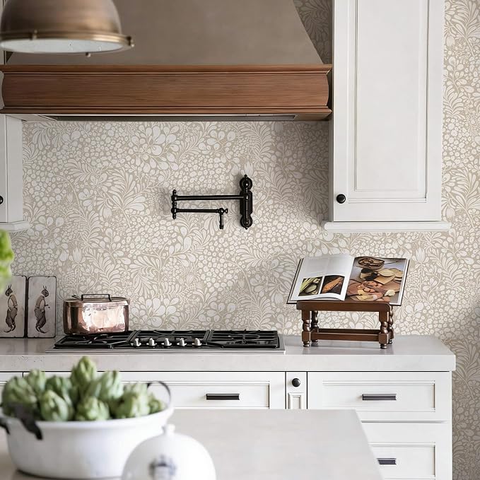Heroad Peel and Stick Wallpaper Boho Beige Contact Paper Floral Wall Paper Removable Self Adhesive Wallpaper for Cabinet Bedroom Living Room Entryway Walls Bathroom Waterproof Vinyl Roll 17.3''x787'' - Image 2