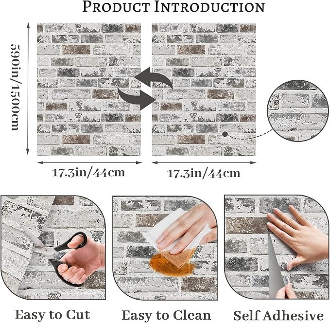 PeonyQueen Brick Peel and Stick Wallpaper 17.3"x590" 3D Brick Wallpaper | Self Adhesive Removable Wallpaper Grey and White Textured Vintage Contact Paper for Fireplace Kitchen Home Decoration Vinyl - Image 3