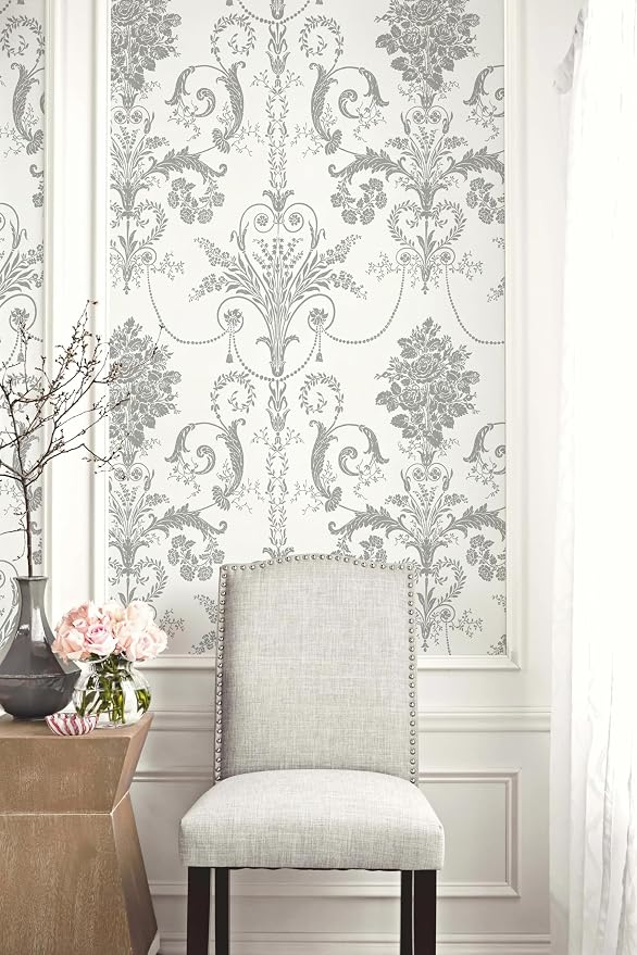 Silver Gray Removable Wallpaper Damascus Floral Peel and Stick Wallpaper | 17.3" X 197" Boho Grey Flower Contact Paper Self Adhesive Wallpaper Damask Floral Decorative Wallpaper for Bedroom Covering - Image 2