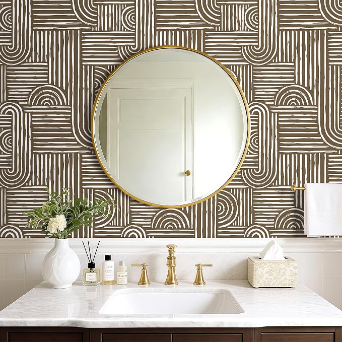 Livelynine Brown Geometric Wallpaper Peel and Stick Bold Abstract Wallpaper Living Room Accent Wall Paper Removable Minimalist Mid Century Modern Contact Paper for Cabinets Self Adhesive 17.5x78.8 - Image 2