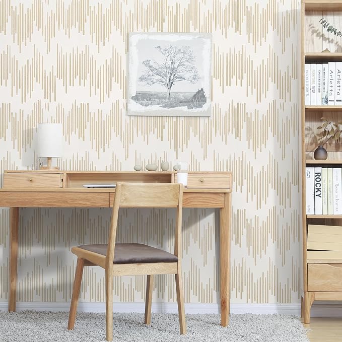 WENMER Beige Striped Wallpaper, Geometric Peel and Stick Wallpaper, 17.7''×1181' Gold Contact Paper, Beige Self Adhesive Removable Wall Paper for Bathroom Cabinets Kitchen - Image 6