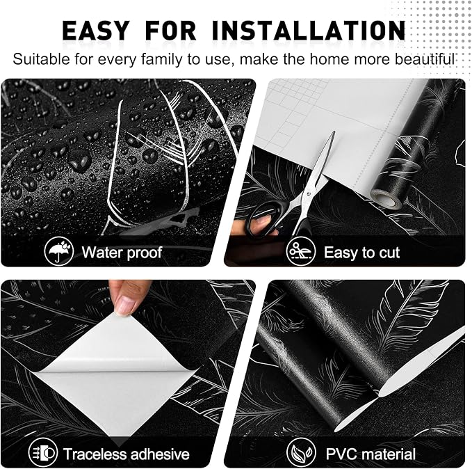 Black Peel and Stick Wallpaper 17.7"x80" Feather Wallpaper Removable Modern Vinyl Wall Paper Waterproof Contact Paper for Bedroom Living Room - Image 2
