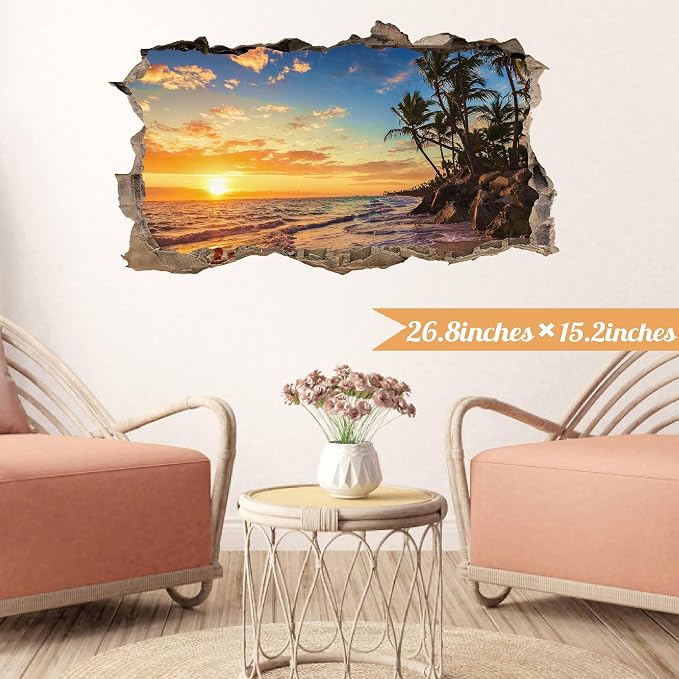 Sunset Beach Wall Decals 3D Broken Walls Stickers Peel and Stick Art Murals | Sunset palm tree stickers, removable beach seascape vinyl decal, for bedroom living room kitchen summer art print decorative - Image 7