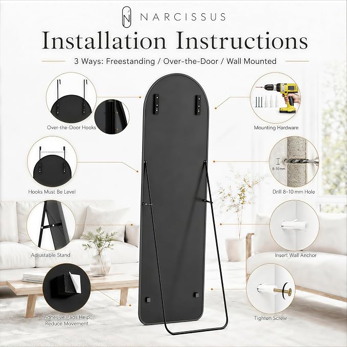 NARCISSUS Full Length Mirror 57x20 Inch, Over The Door Mirror with Stand, Wall Mounted or Freestanding/Door Hanging Full Body, Aluminum Alloy Frame, Black - Image 7