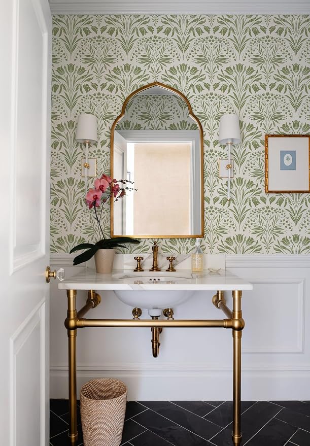Green Tulip Floral Peel and Stick Wallpaper Retro Green Contact Paper | 17.3in X 197in Vintage Tulip Flowers Self Adhesive Wallpaper Boho Botanical Removable Wall Paper for Livingroom Decor - Image 6
