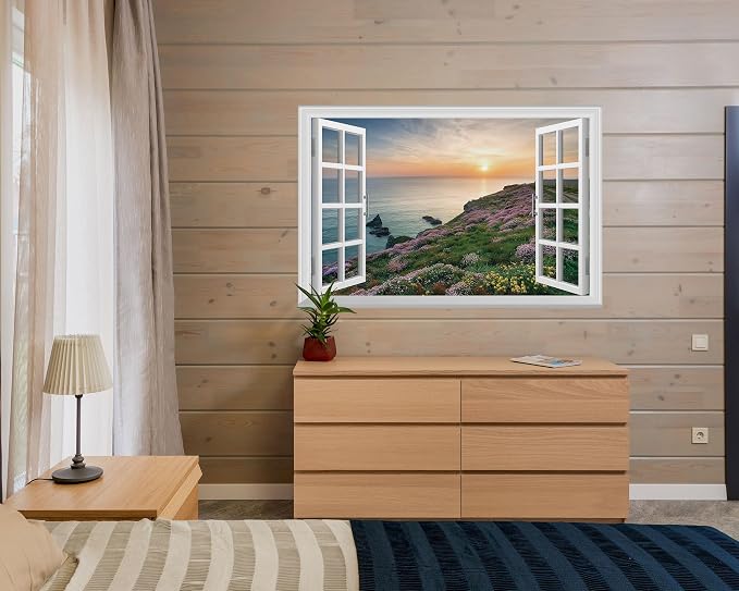 FLFK Fake Window Wall Mural - Sunset Over the Sea Faux Window Wall Sticker for Wall Decor, Stick and Peel Wall Decals,48"x32",Set of 2 Sheets - Image 3