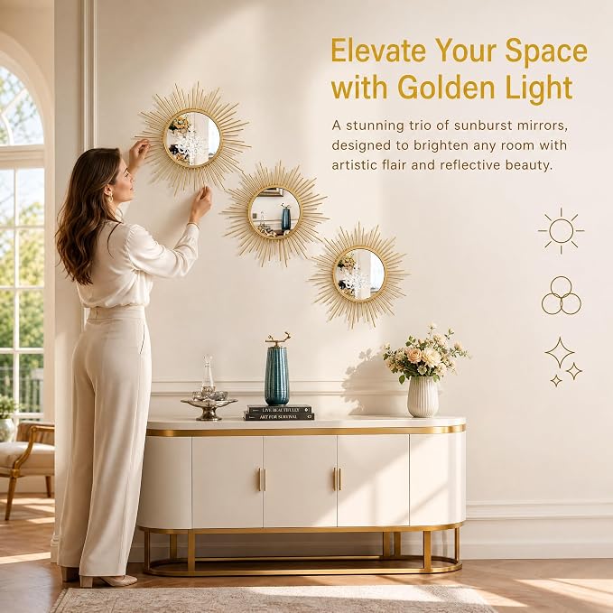 Gold Sunburst Mirror Set of 3, 3PCS Metal Round Decorative Wall Mirrors, Starburst Accent Mirror Wall Decor for Living Room, Bedroom, Entryway, Hallway & Bathroom - Image 4