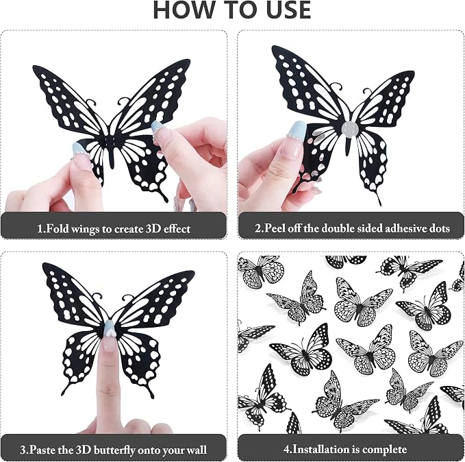 SAOROPEB 3D Butterfly Wall Decor 48 Pcs Black Butterfly Decoration Sticker | 4 Styles 3 Sizes Butterfly Birthday Decorations Butterfly Party Decorations Cake Decorations, Removable Stickers - Image 7