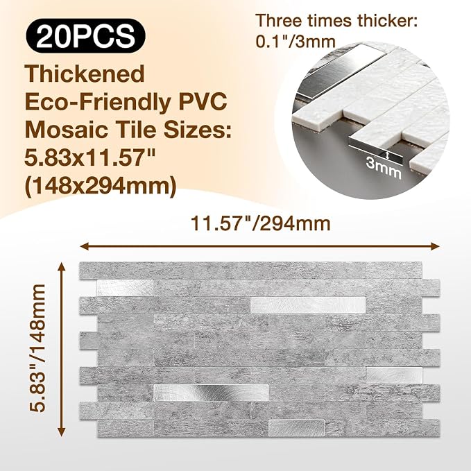 Peel and Stick Backsplash Tile Waterproof Removable PVC Wall Sticker 3D Faux Stone Marble Brick White Accent Panels (Matte Gray Stone - Metal Silver, 20 Tiles - 9 sq. ft. (0.84 M²)) - Image 3