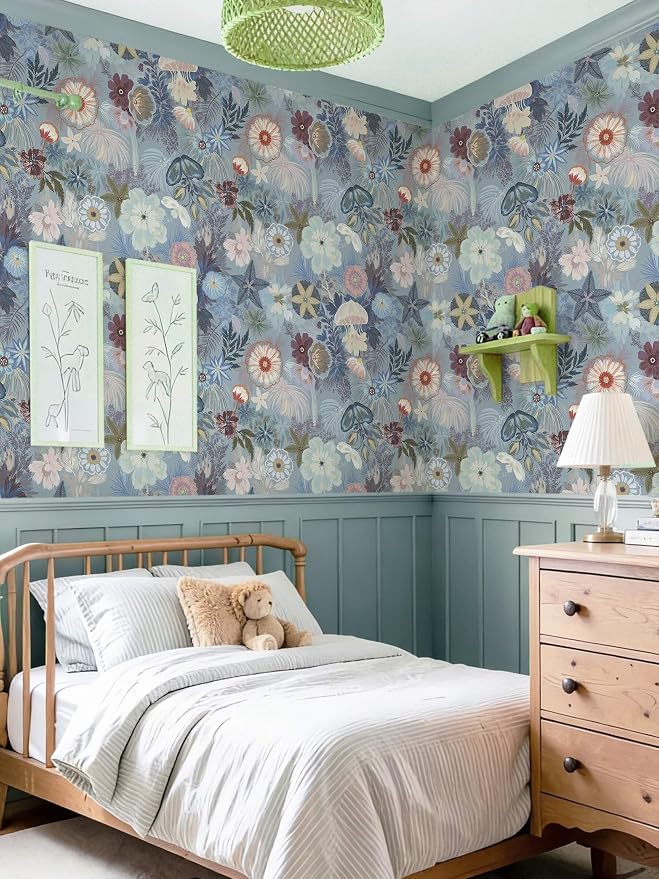Ismoon Floral Peel and Stick Wallpaper Vintage Blue Contact Paper Jellyfish Ocean Stick on Wall Paper Removable Self Adhesive Vinyl Wallpaper for Bedroom Wall Decor Cabinet Refurbishment 17.3x393in - Image 4