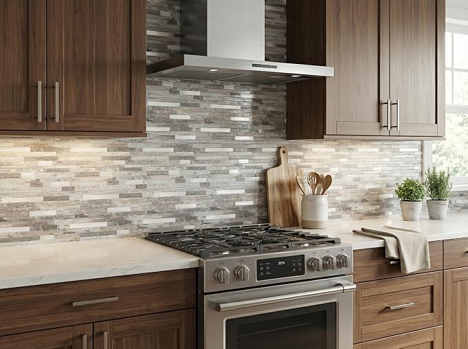 1 - Sheet Peel and Stick Wood Metal Tile Backsplash, Stick on Tiles for Backsplash Kitchen, Bathroom, Laundry Room, Camper, Fireplace (12''x12'',Sample in Light Wood) - Image 5