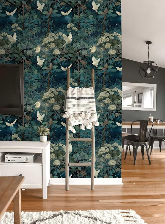 Vintage Night Dove Floral Botanical Peel and Stick Wallpaper | Deep teal moonlit forest dove and blossom print, Removable waterproof vinyl wall covering, bedroom accent wall decor - Image 9